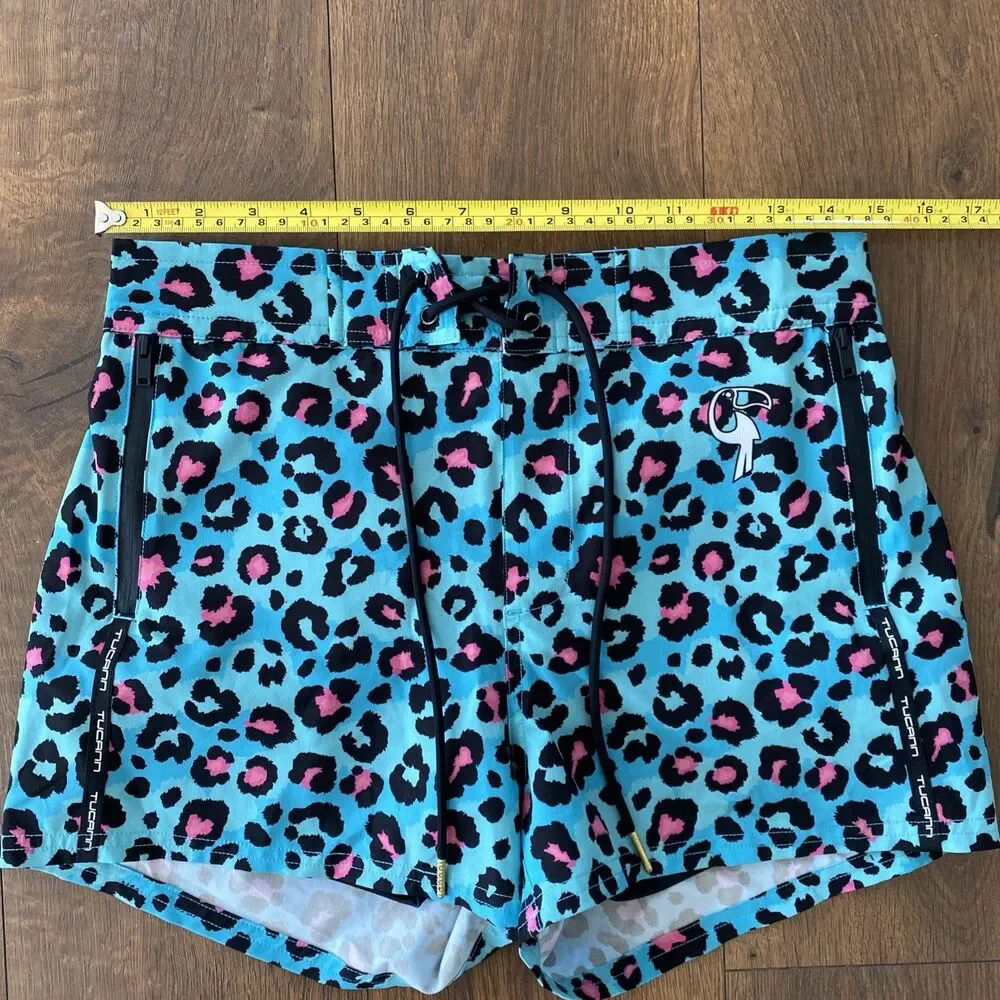 Tucann Swim Trunks Mens Medium Teal and Pink Leopard Board Shorts Lined Beach